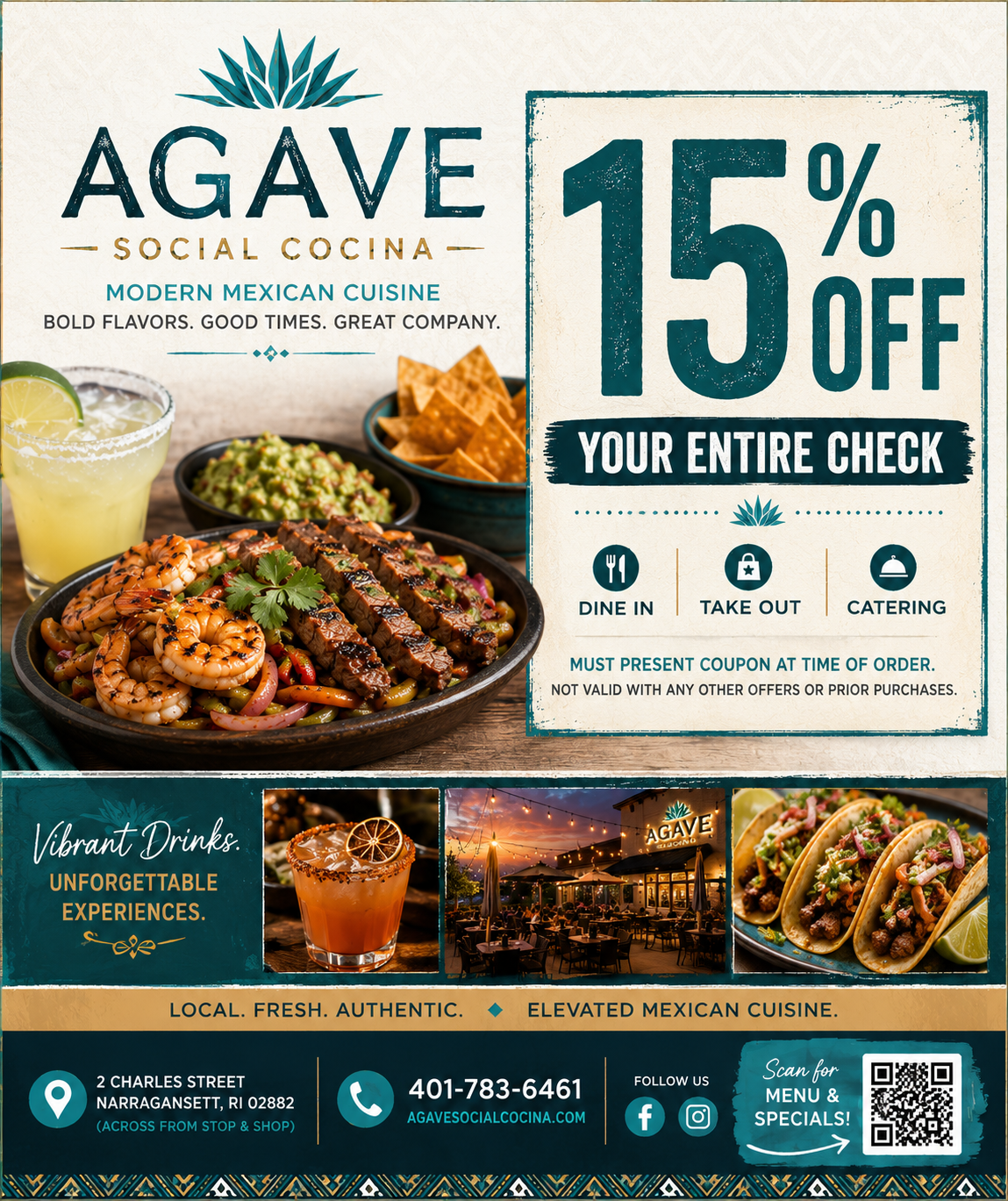 Agave Social Cocina coupon offering 15 percent off the entire check